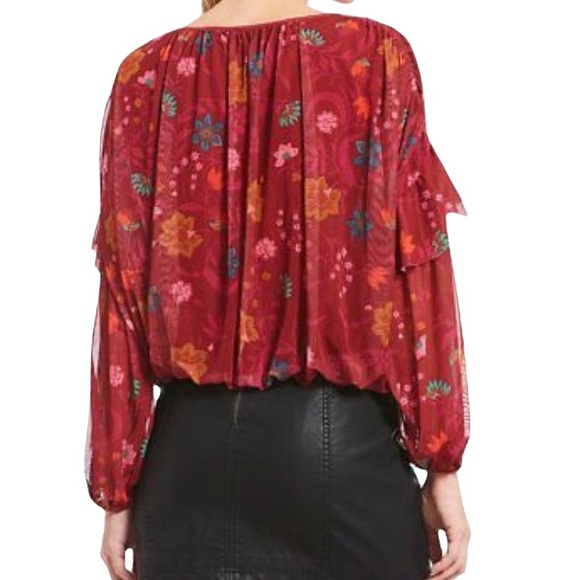 FREE PEOPLE WILDFLOWER HONEY FLORAL LONG SLEEVE MESH TOP BERRY COMB - Picture 2 of 7